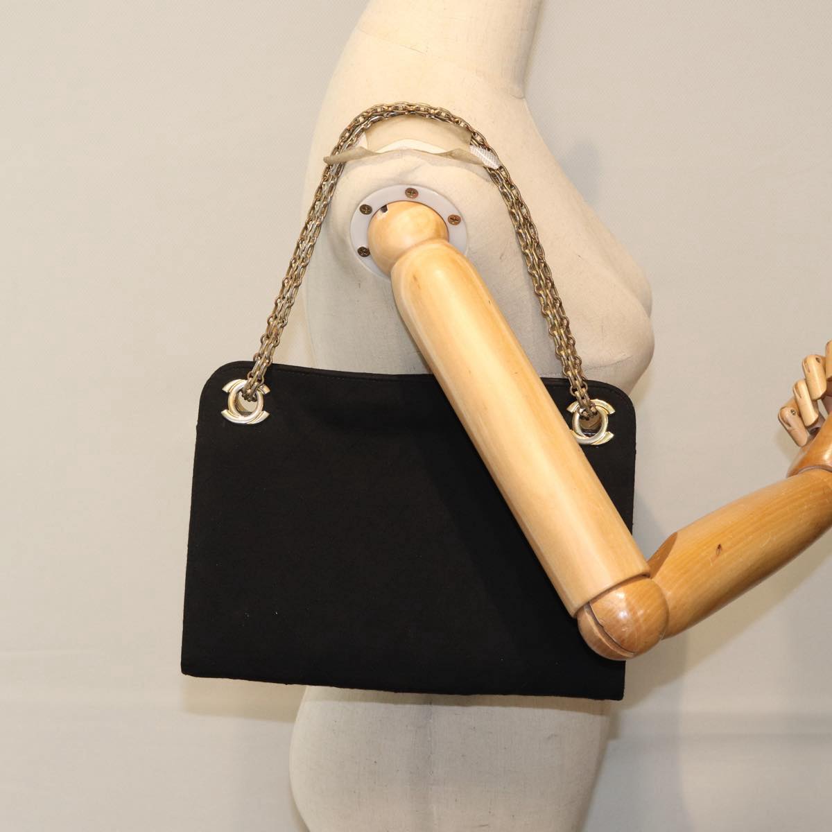 CHANEL Chain Hand Bag Cotton Black Gold CC Auth bs17835