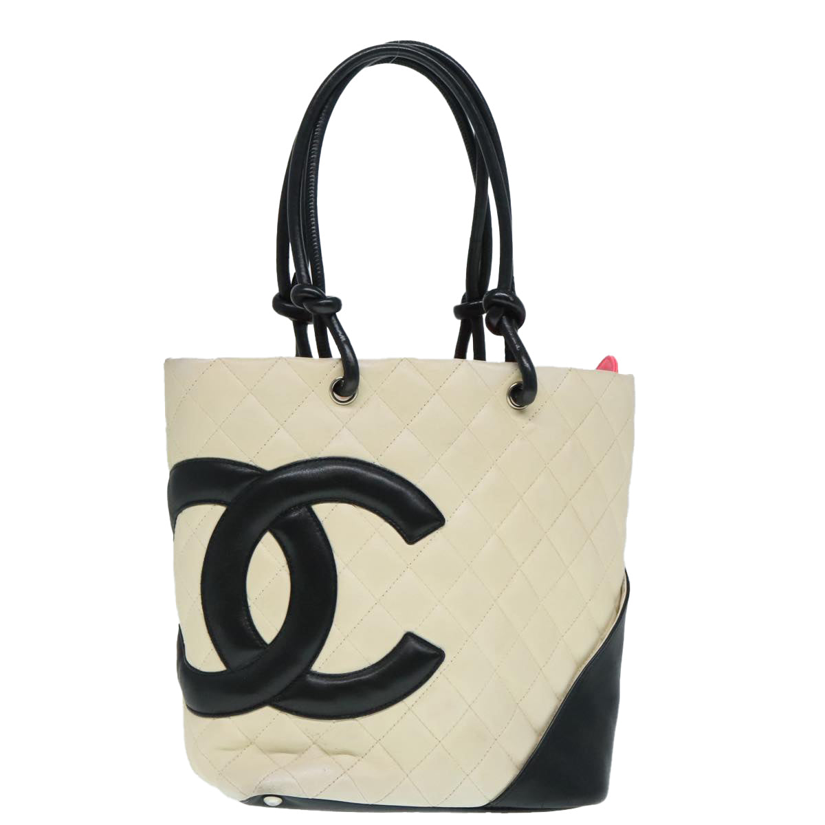 CHANEL Cambon Line Hand Bag Leather White Silver black CC Auth bs17836