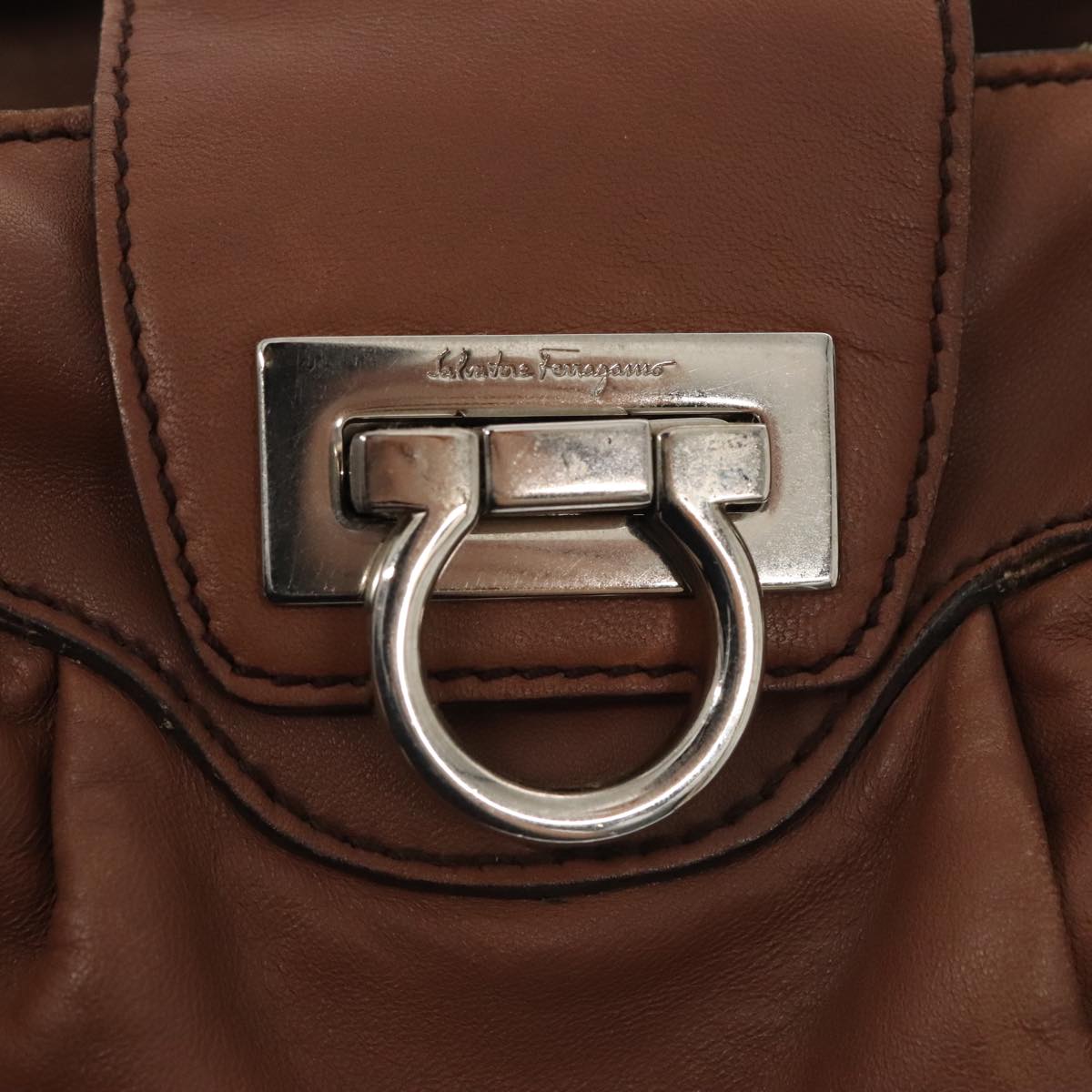 Salvatore Ferragamo Gancini Hand Bag Leather Silver Brown Auth bs17845