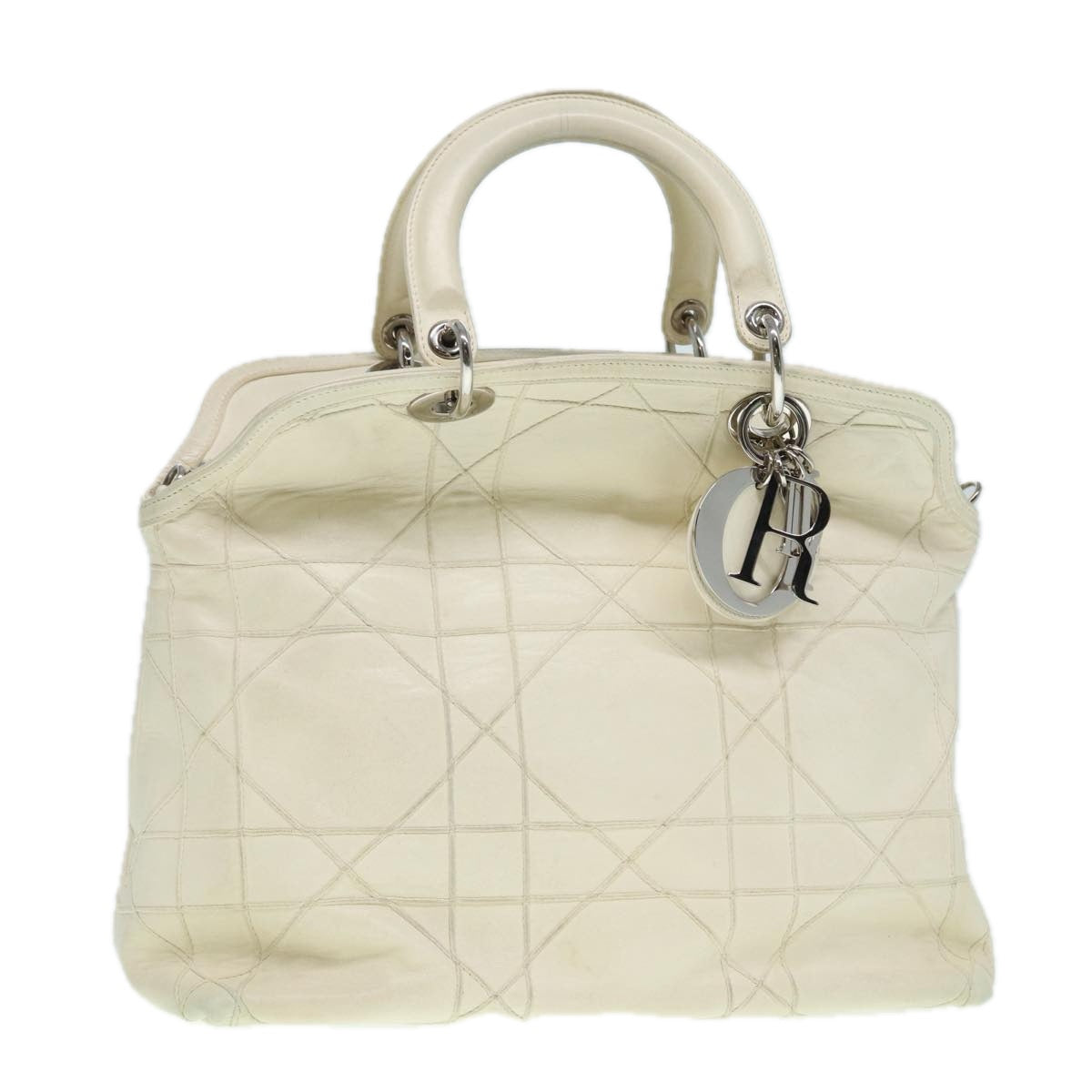 Christian Dior Lady Dior Canage Hand Bag Leather White Silver Auth bs17855