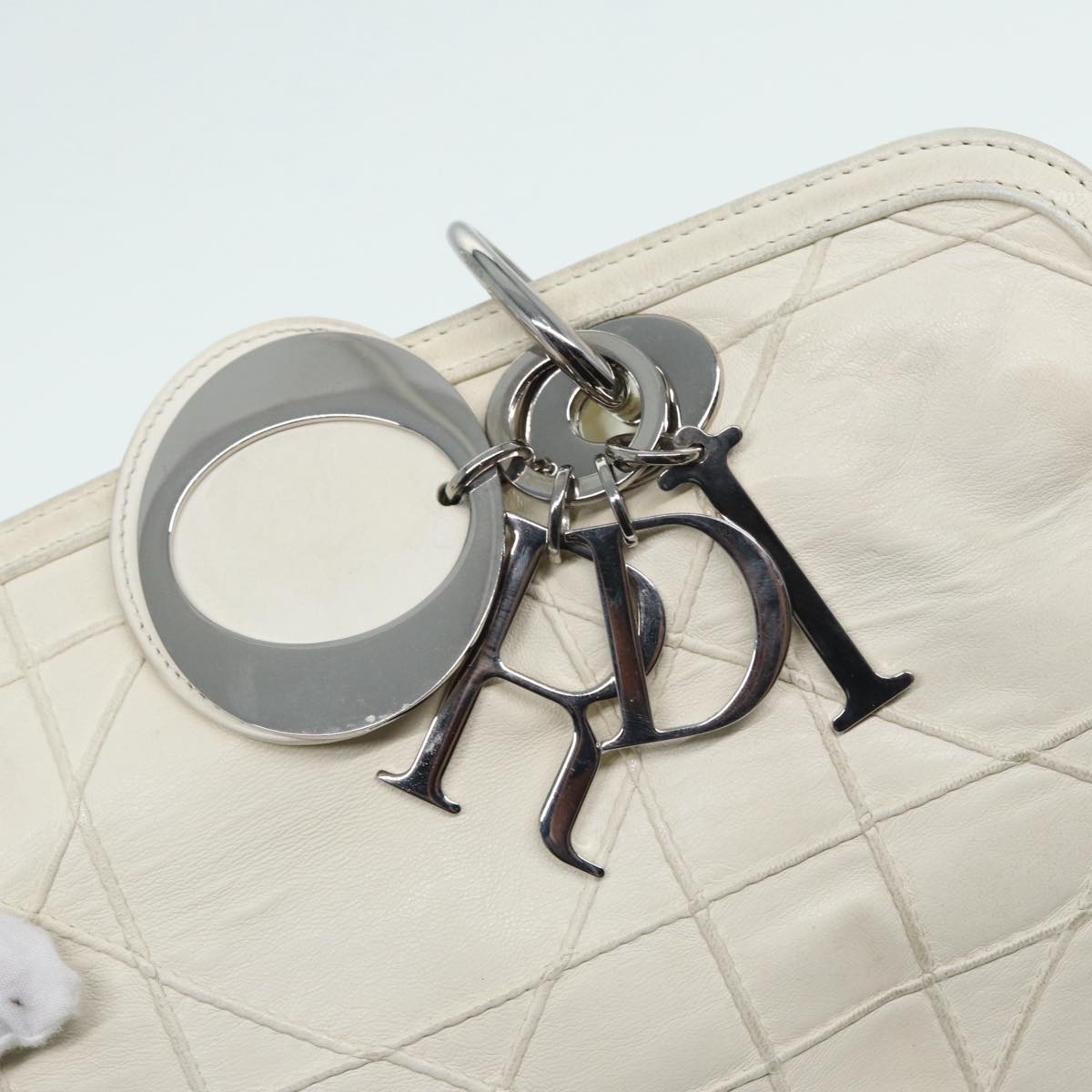 Christian Dior Lady Dior Canage Hand Bag Leather White Silver Auth bs17855