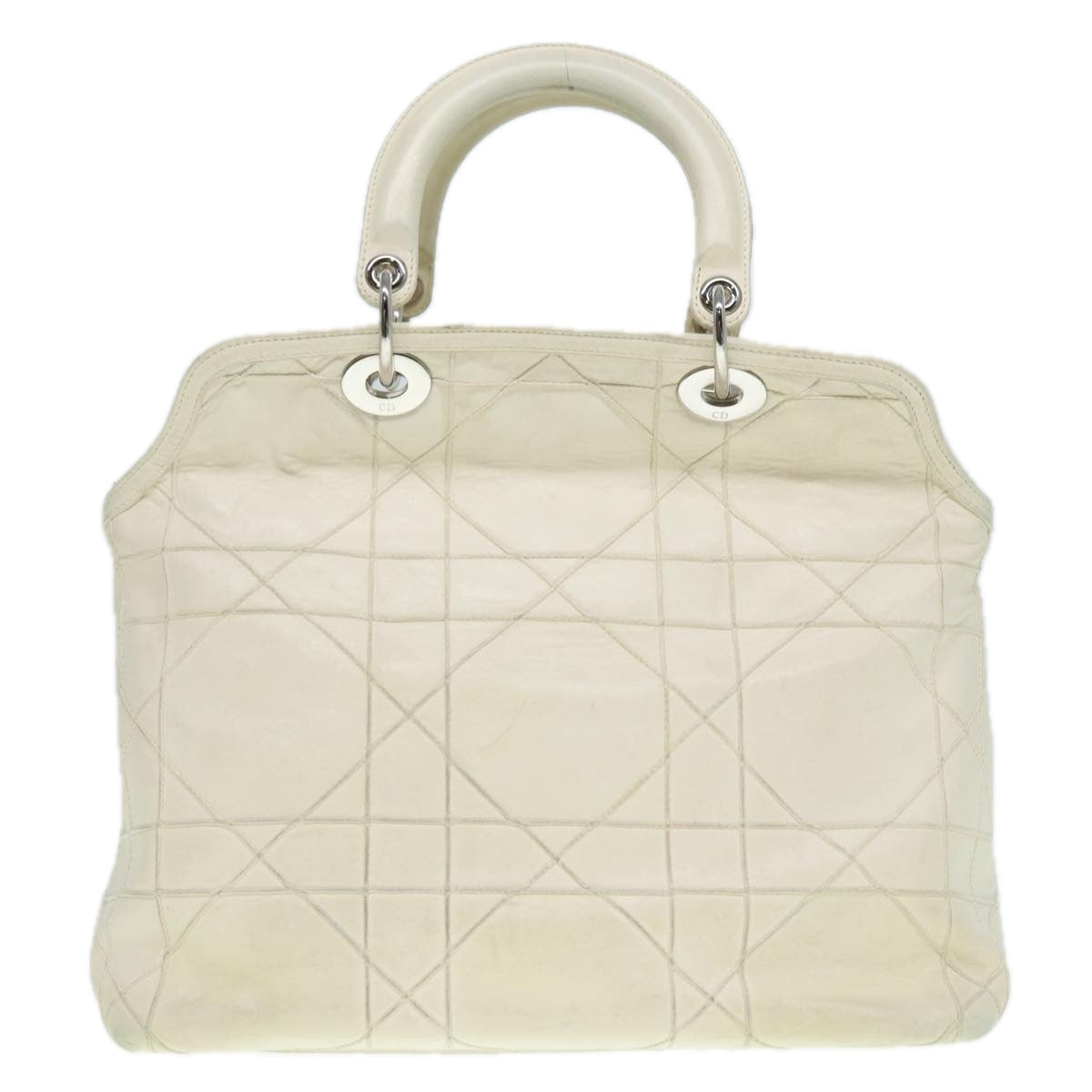 Christian Dior Lady Dior Canage Hand Bag Leather White Silver Auth bs17855