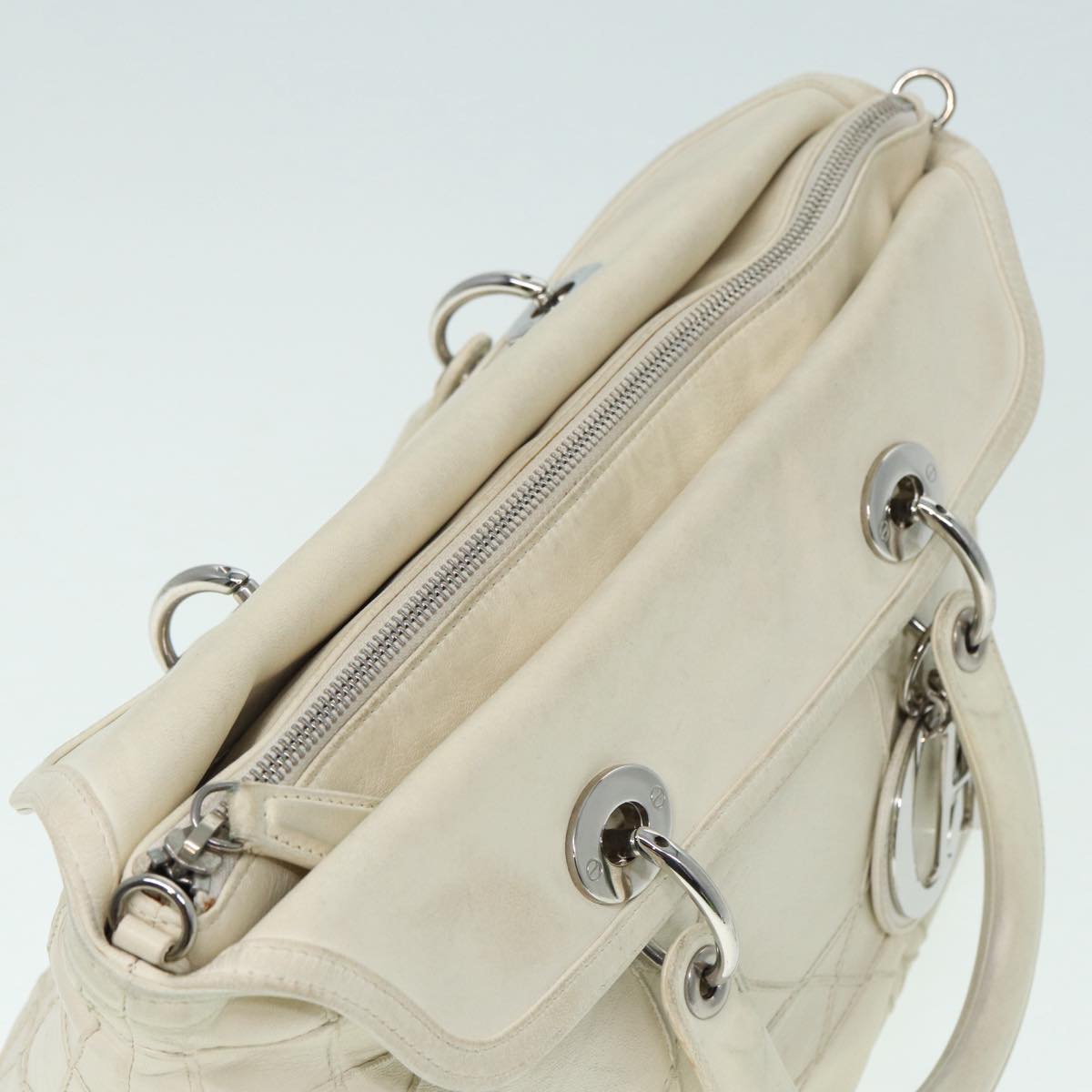 Christian Dior Lady Dior Canage Hand Bag Leather White Silver Auth bs17855