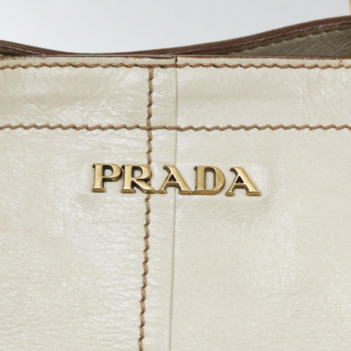 PRADA Hand Bag Leather White Gold Auth bs17857