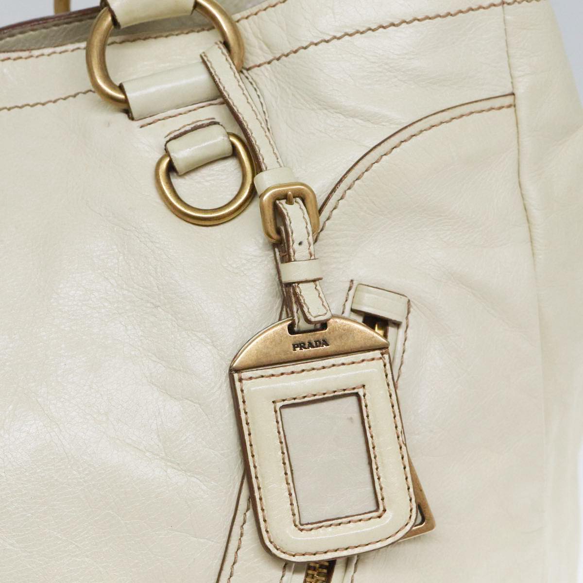 PRADA Hand Bag Leather White Gold Auth bs17857