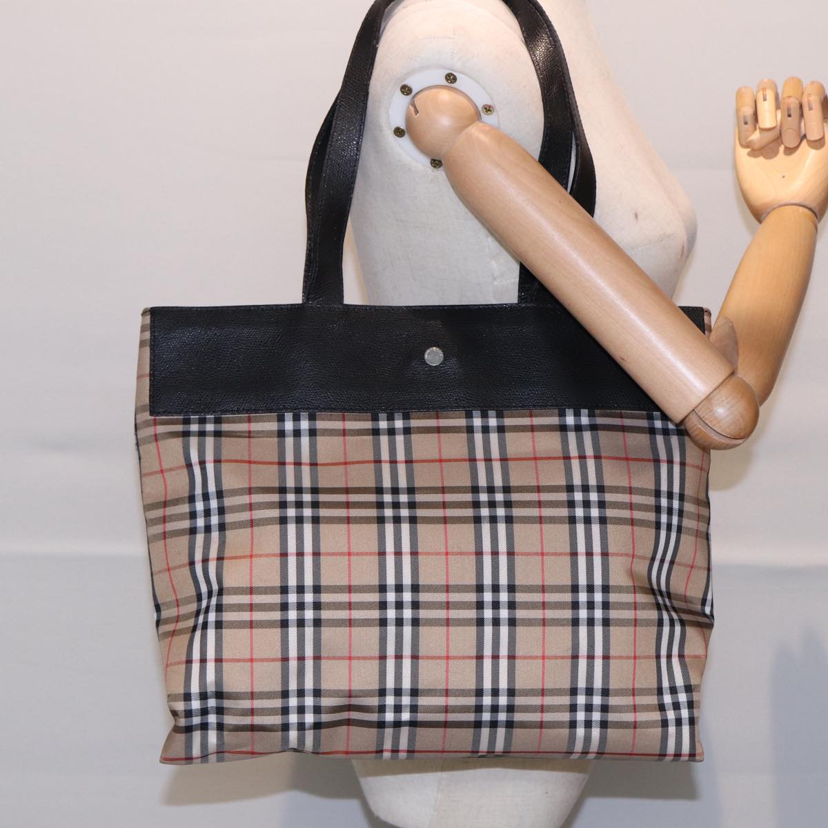 BURBERRY Nova Check Tote Bag Nylon Beige Silver Auth bs17866