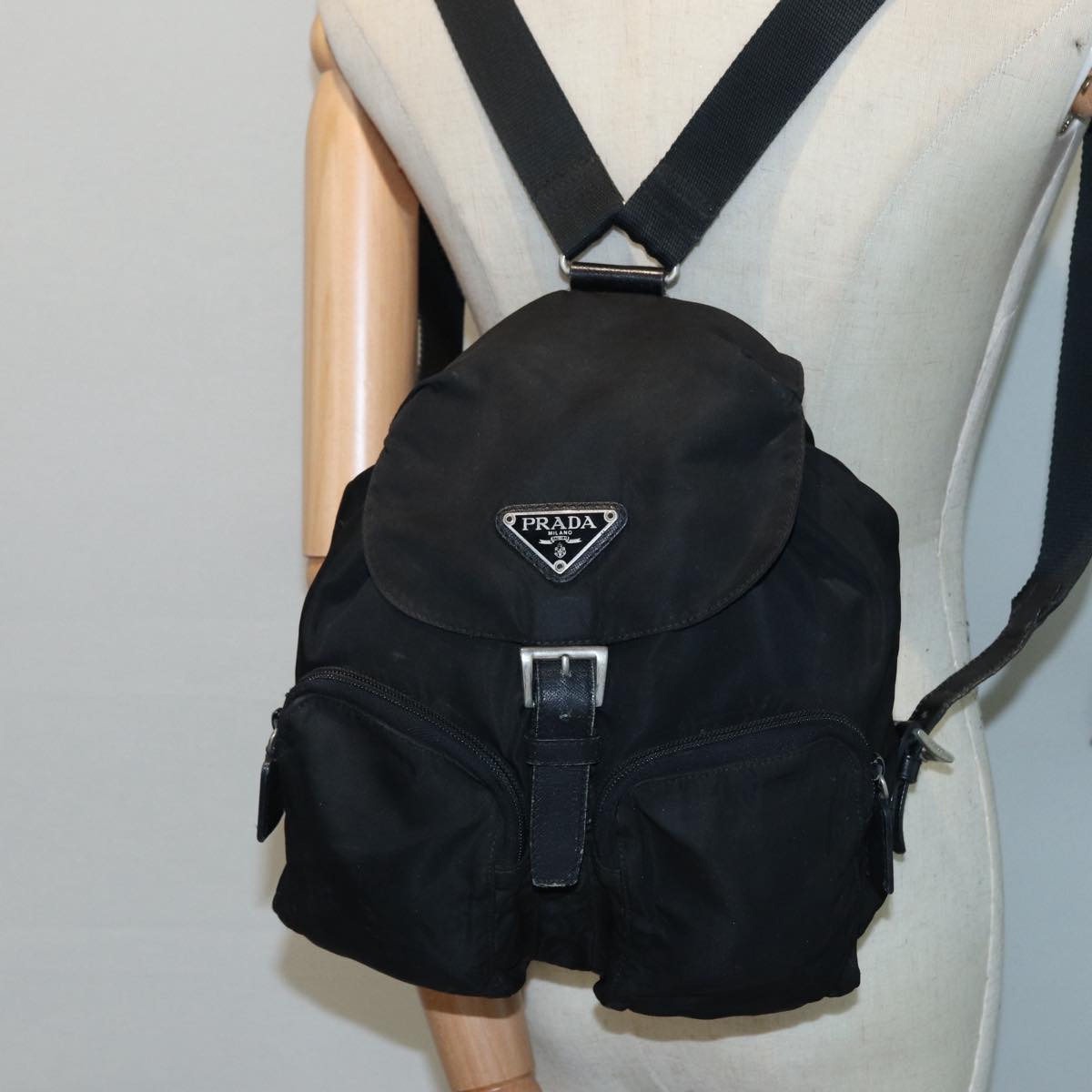 PRADA Backpack Nylon Black Silver Auth bs17868