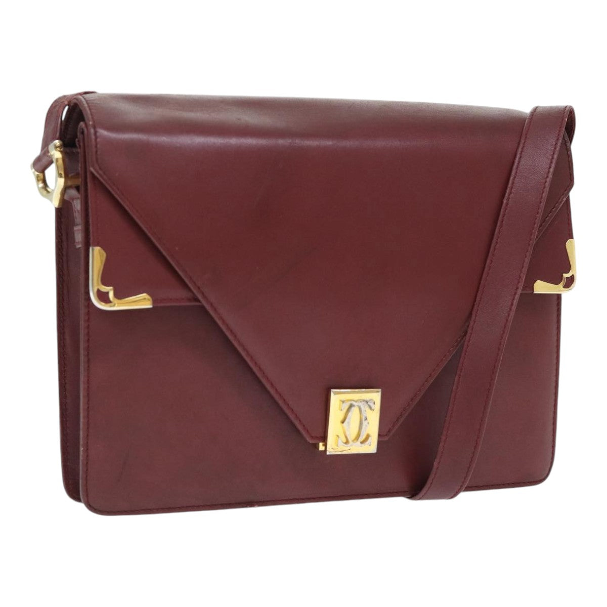 CARTIER Must Line Shoulder Bag Leather Bordeaux Gold Auth bs17888