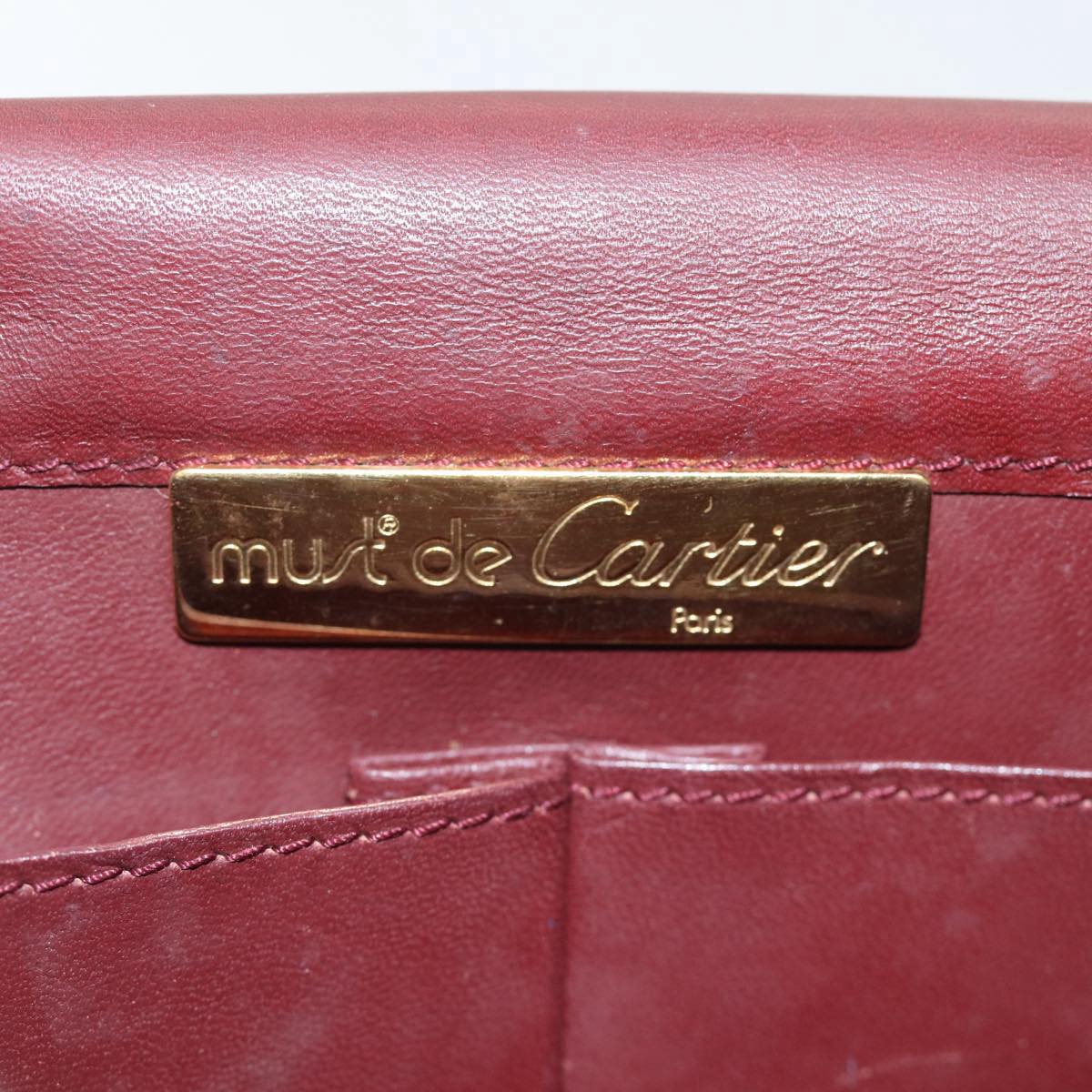 CARTIER Must Line Shoulder Bag Leather Bordeaux Gold Auth bs17888