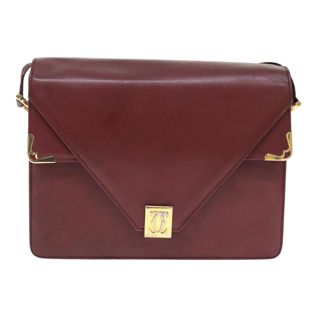 CARTIER Must Line Shoulder Bag Leather Bordeaux Gold Auth bs17888