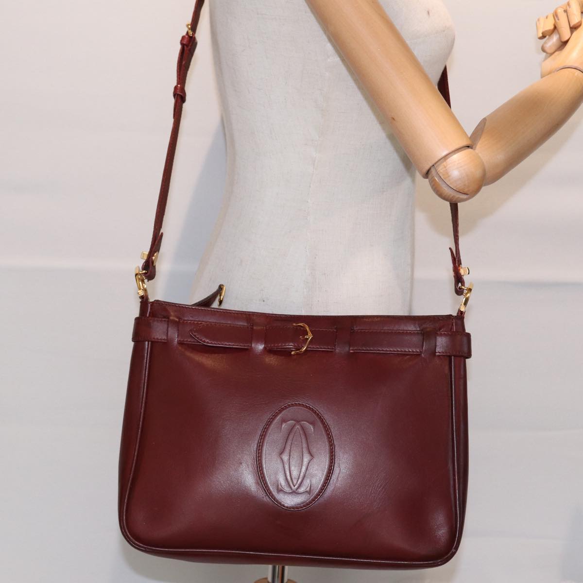 CARTIER Must Line Shoulder Bag Leather Bordeaux Gold Auth bs17889