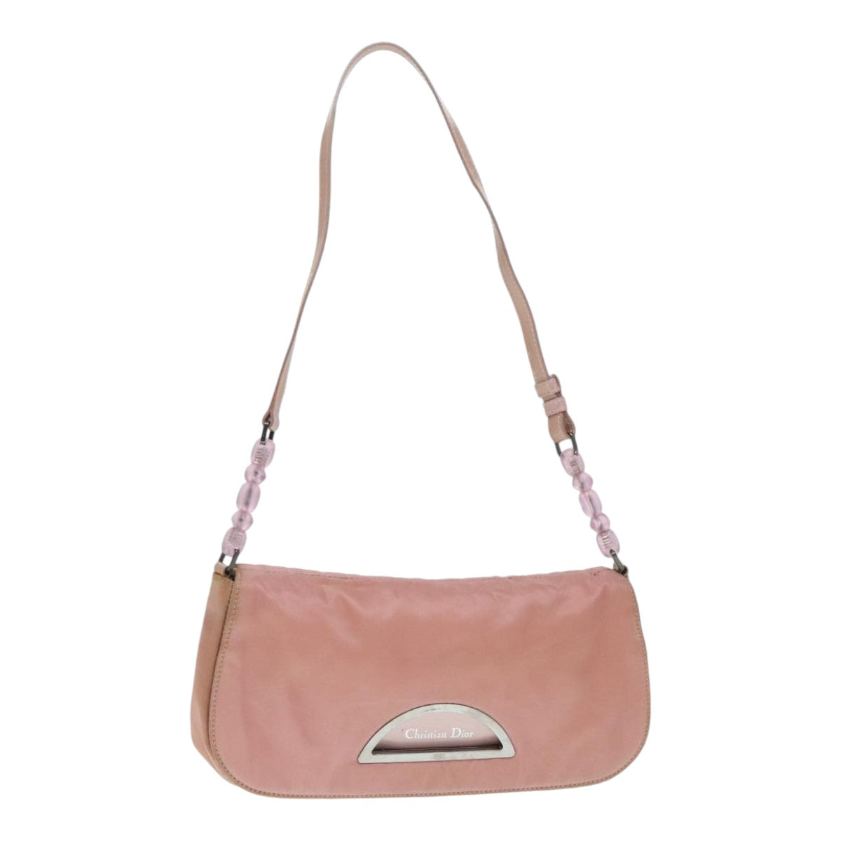 Christian Dior Maris Pearl Shoulder Bag Nylon Pink Silver Auth bs17922