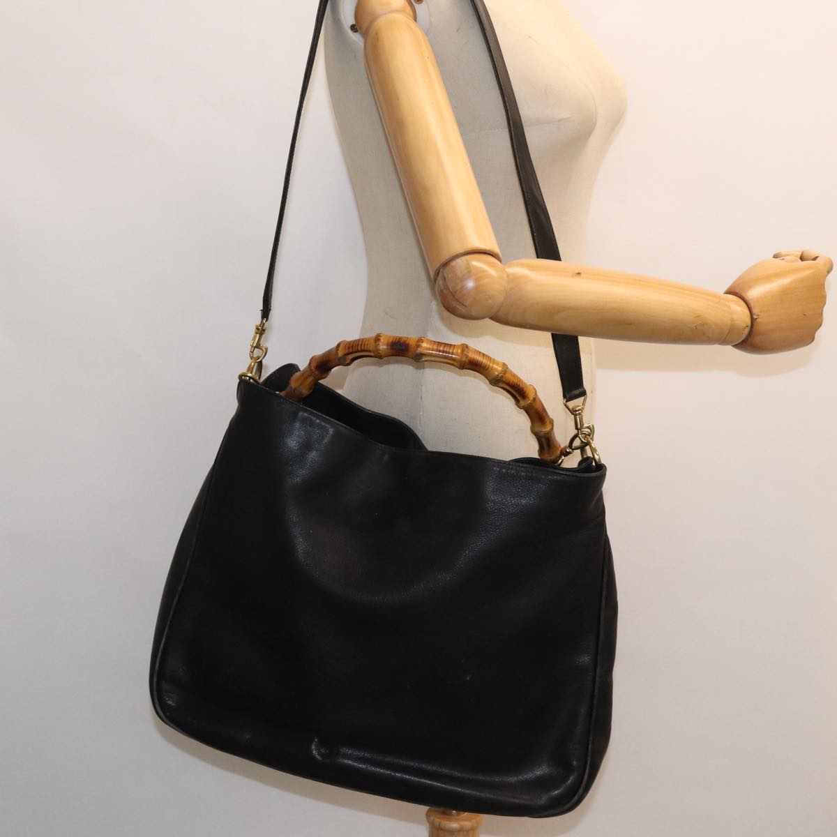 GUCCI Bamboo Hand Bag Leather 2way Black Gold 001 1781 1577 Auth bs17930