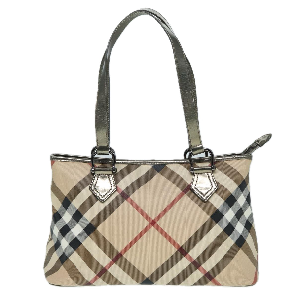 BURBERRY Nova Check Tote Bag PVC Beige Silver Auth bs17945