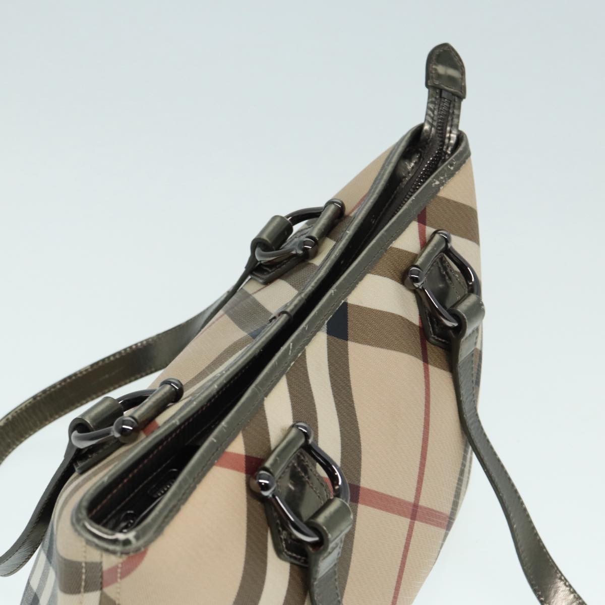 BURBERRY Nova Check Tote Bag PVC Beige Silver Auth bs17945