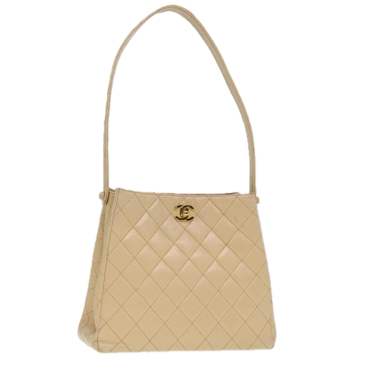 CHANEL Shoulder Bag Calf Skin Beige Gold CC Auth bs17980