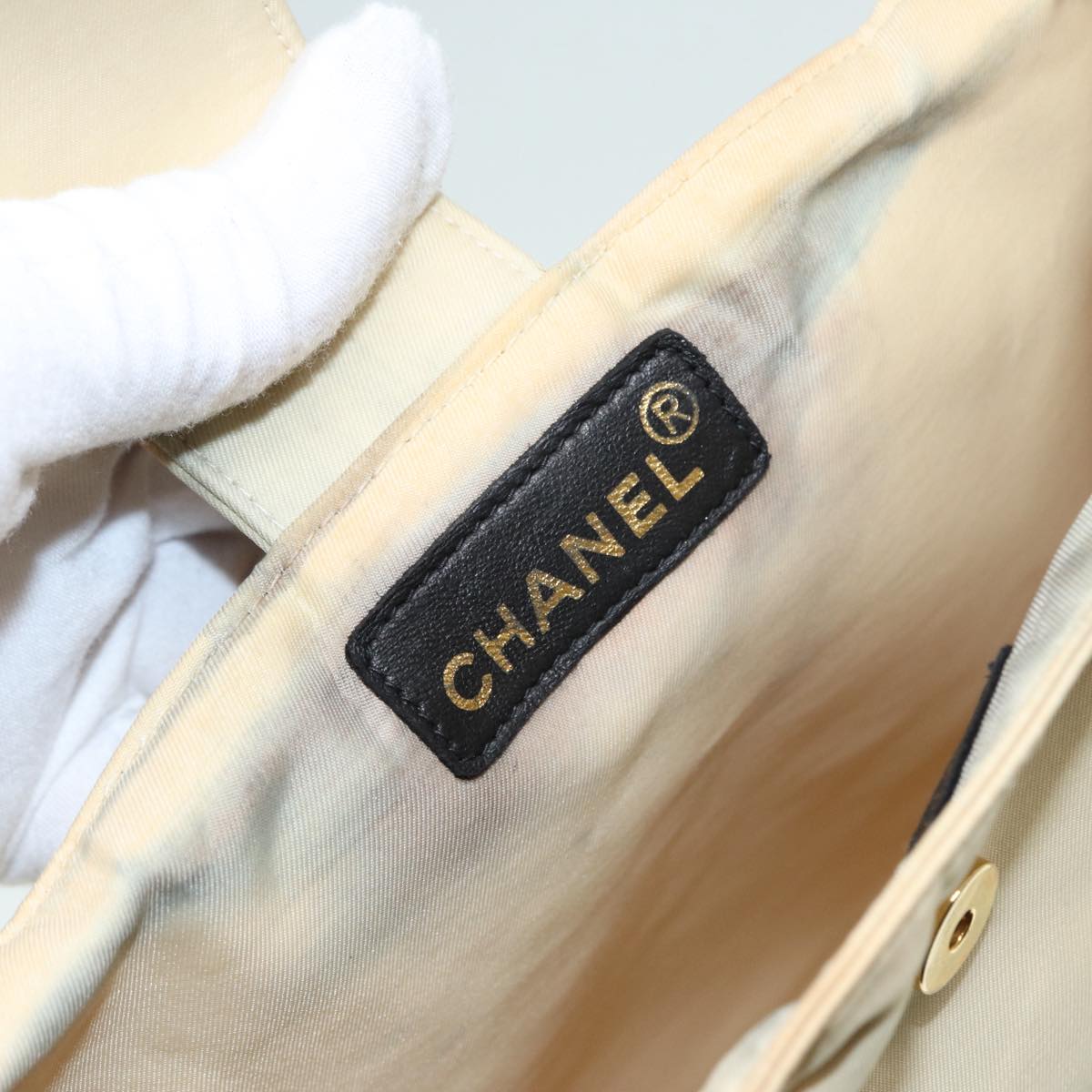 CHANEL Hand Bag Nylon Beige Gold CC Auth bs17982