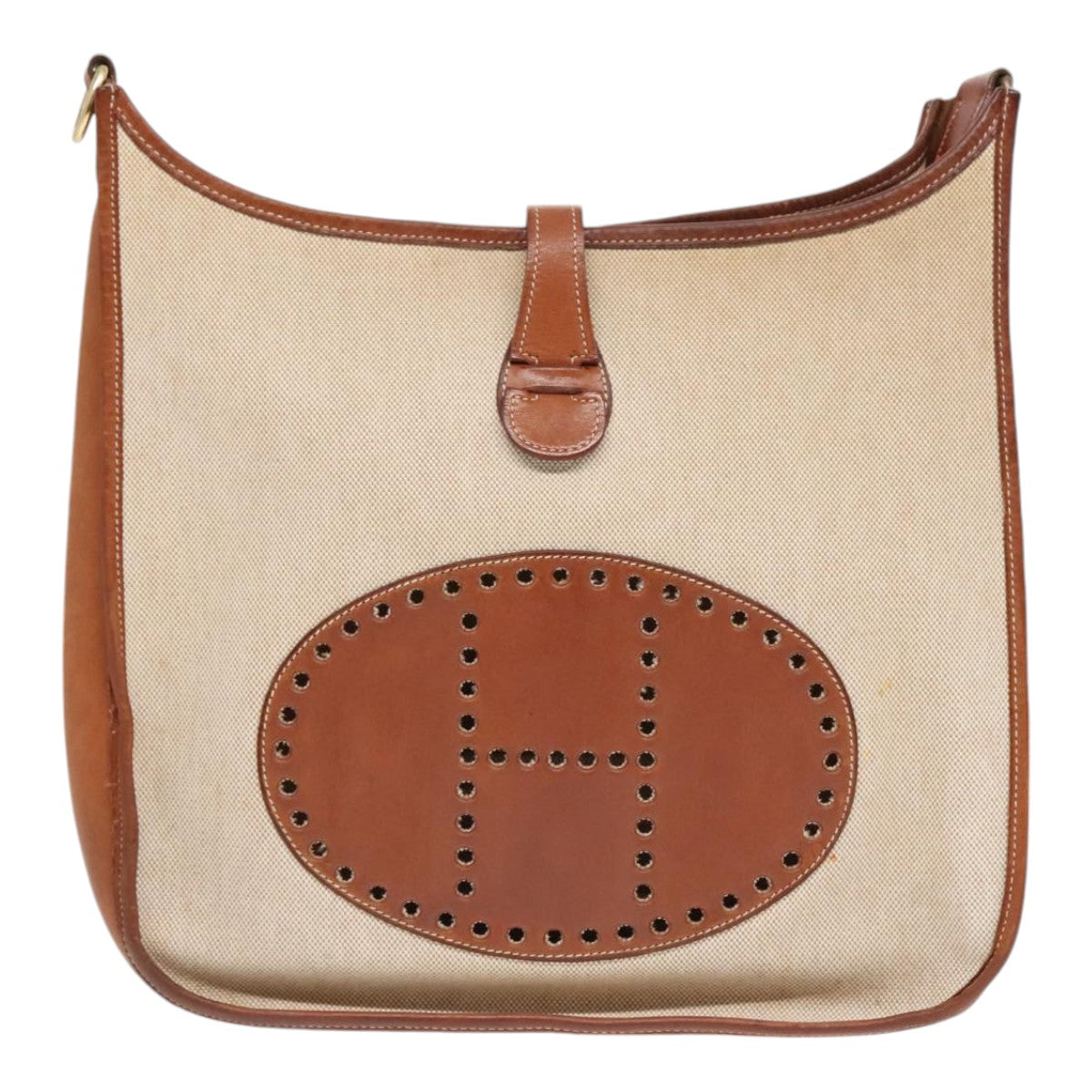 HERMES Evelyn 1 GM Shoulder Bag Canvas Leather Beige Auth bs18059