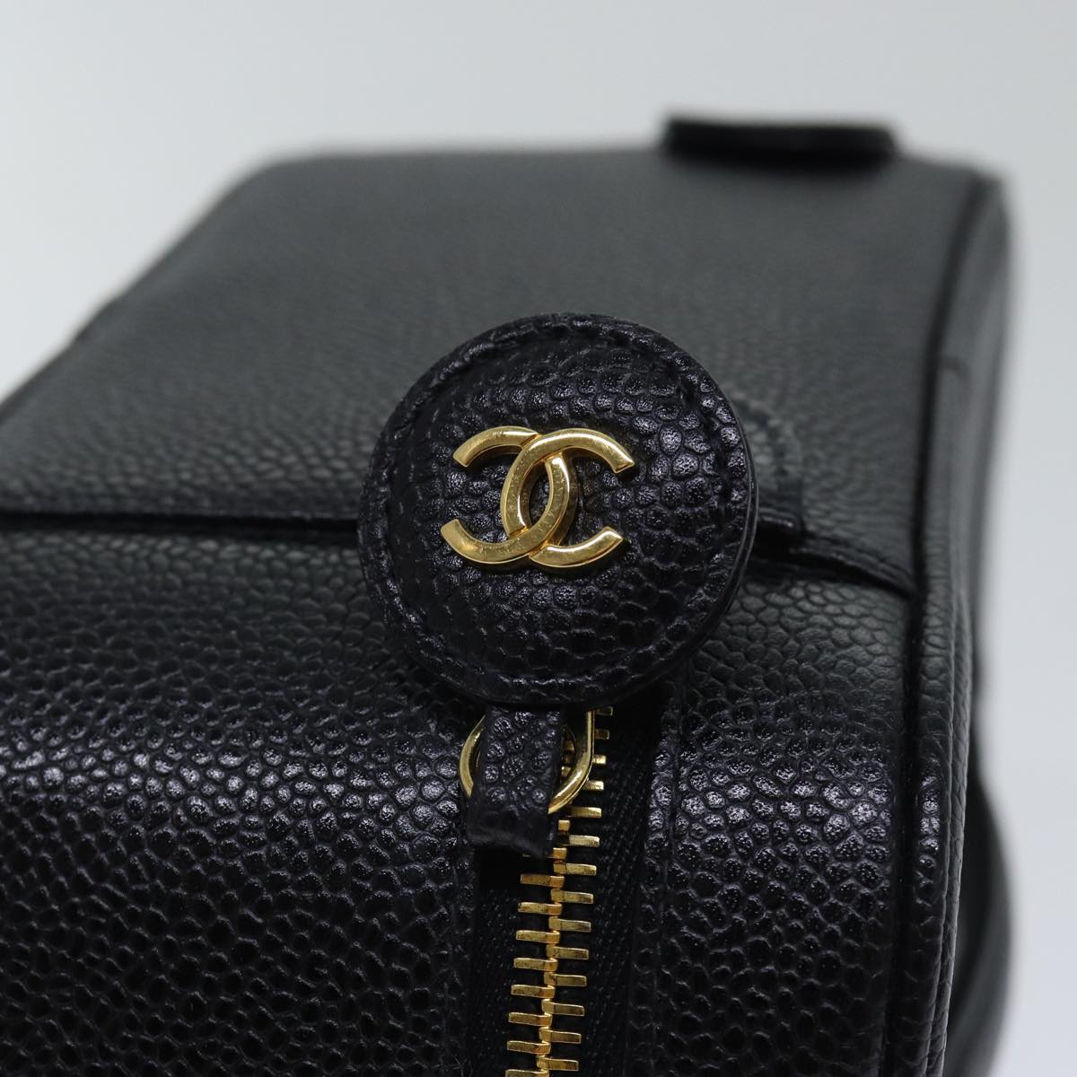 CHANEL COCO Mark vanity Pouch Caviar Skin Black Gold CC Auth bs18099