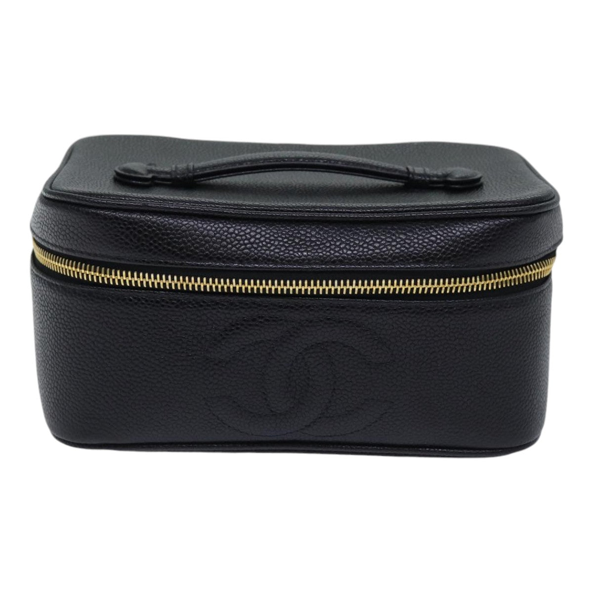 CHANEL COCO Mark vanity Pouch Caviar Skin Black Gold CC Auth bs18099