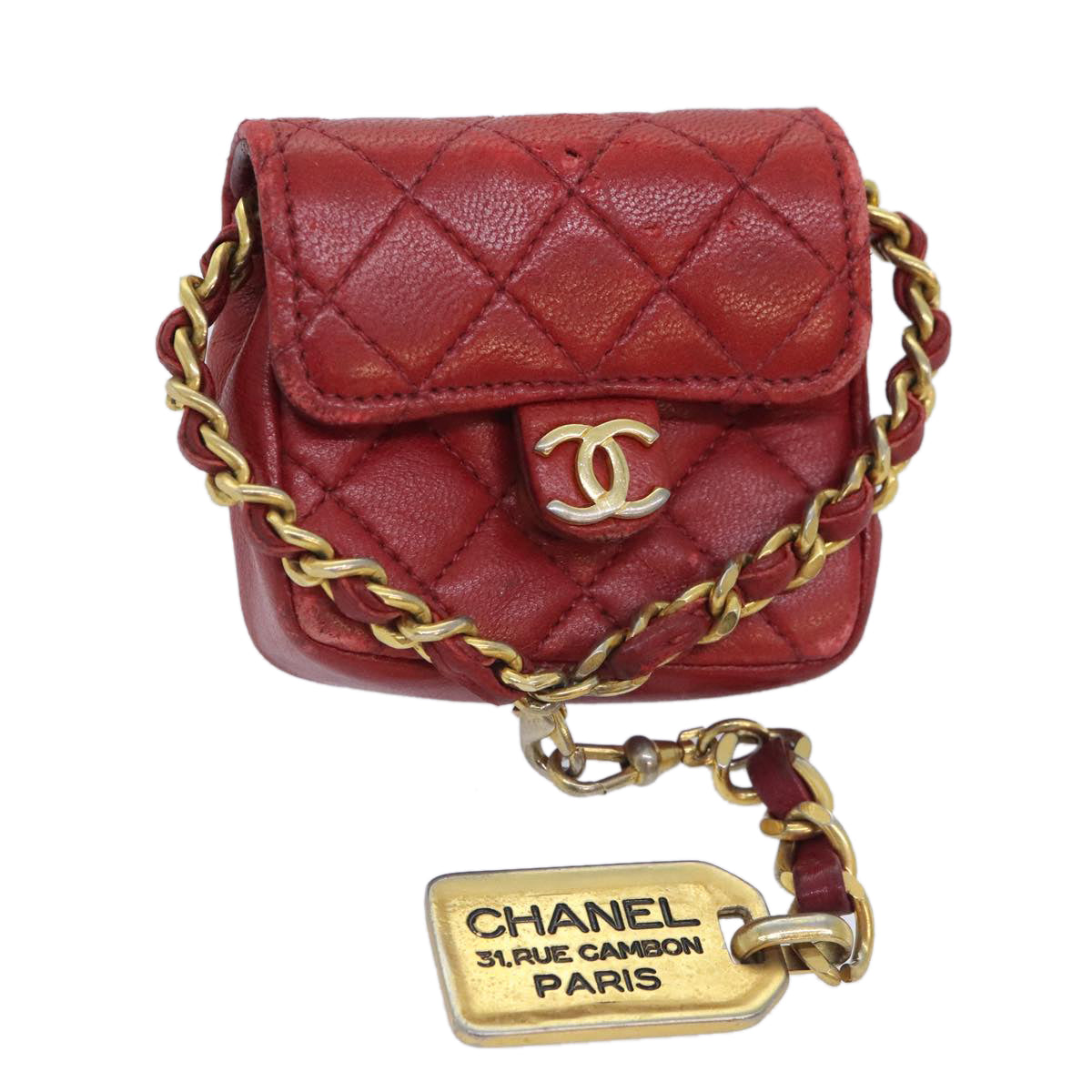 CHANEL Mini Matelasse Chain Pouch Lamb Skin Red Gold CC Auth bs18102