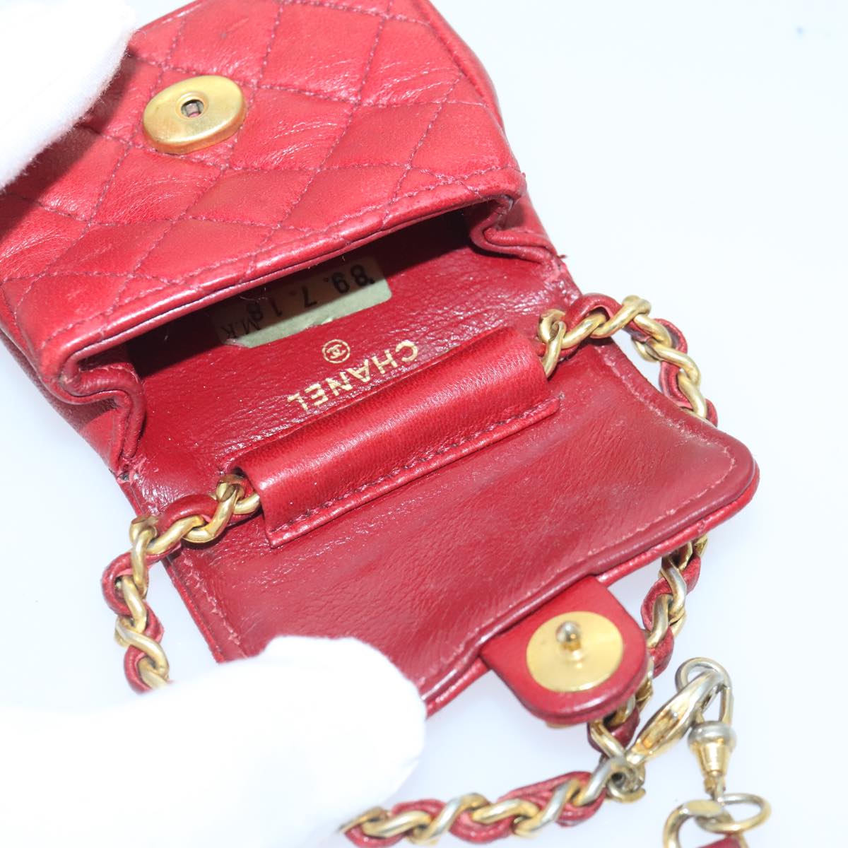 CHANEL Mini Matelasse Chain Pouch Lamb Skin Red Gold CC Auth bs18102