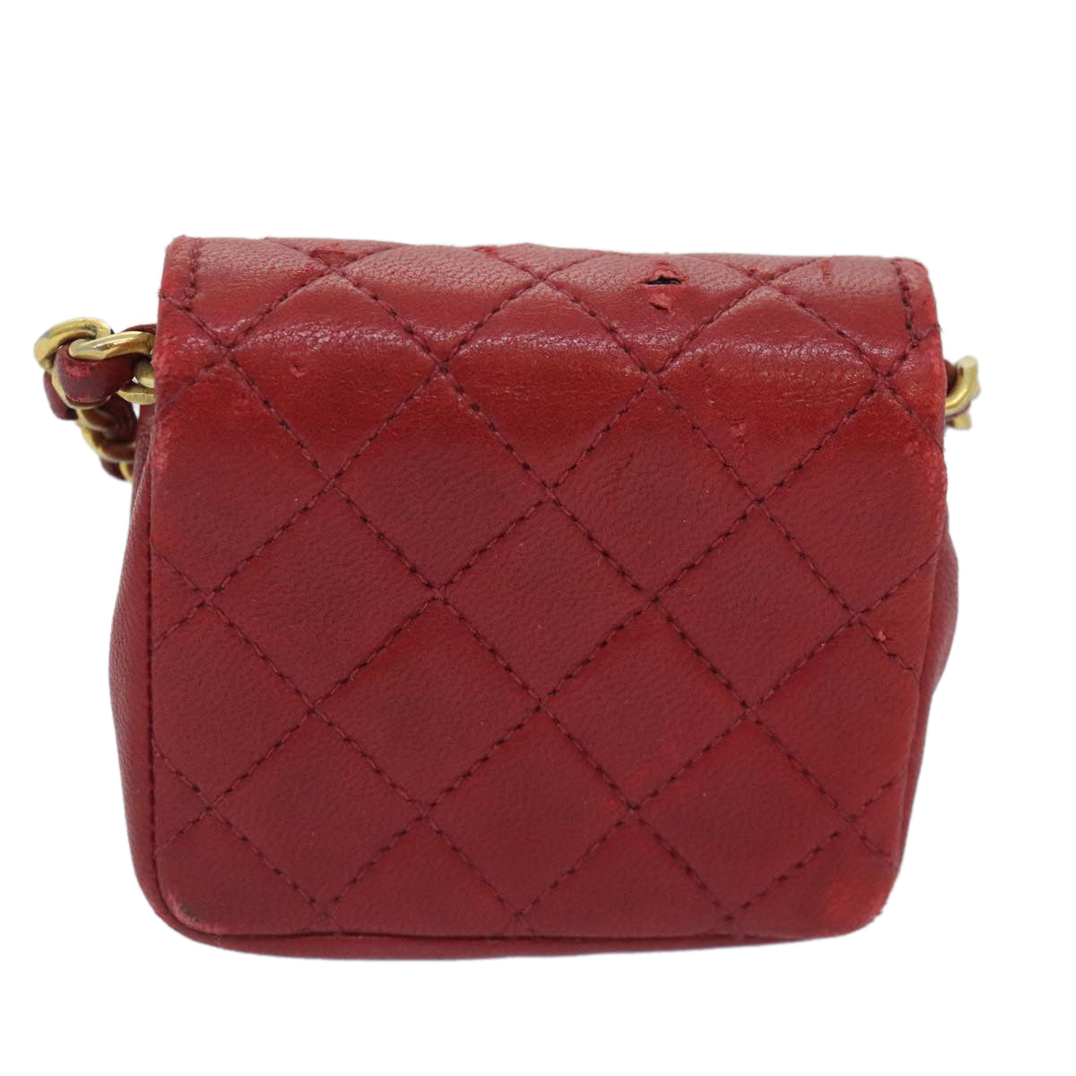 CHANEL Mini Matelasse Chain Pouch Lamb Skin Red Gold CC Auth bs18102
