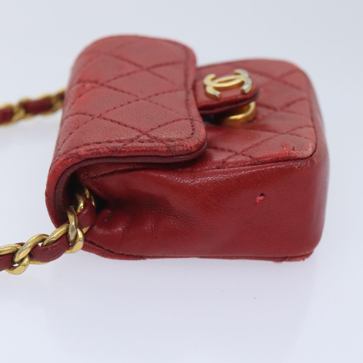 CHANEL Mini Matelasse Chain Pouch Lamb Skin Red Gold CC Auth bs18102
