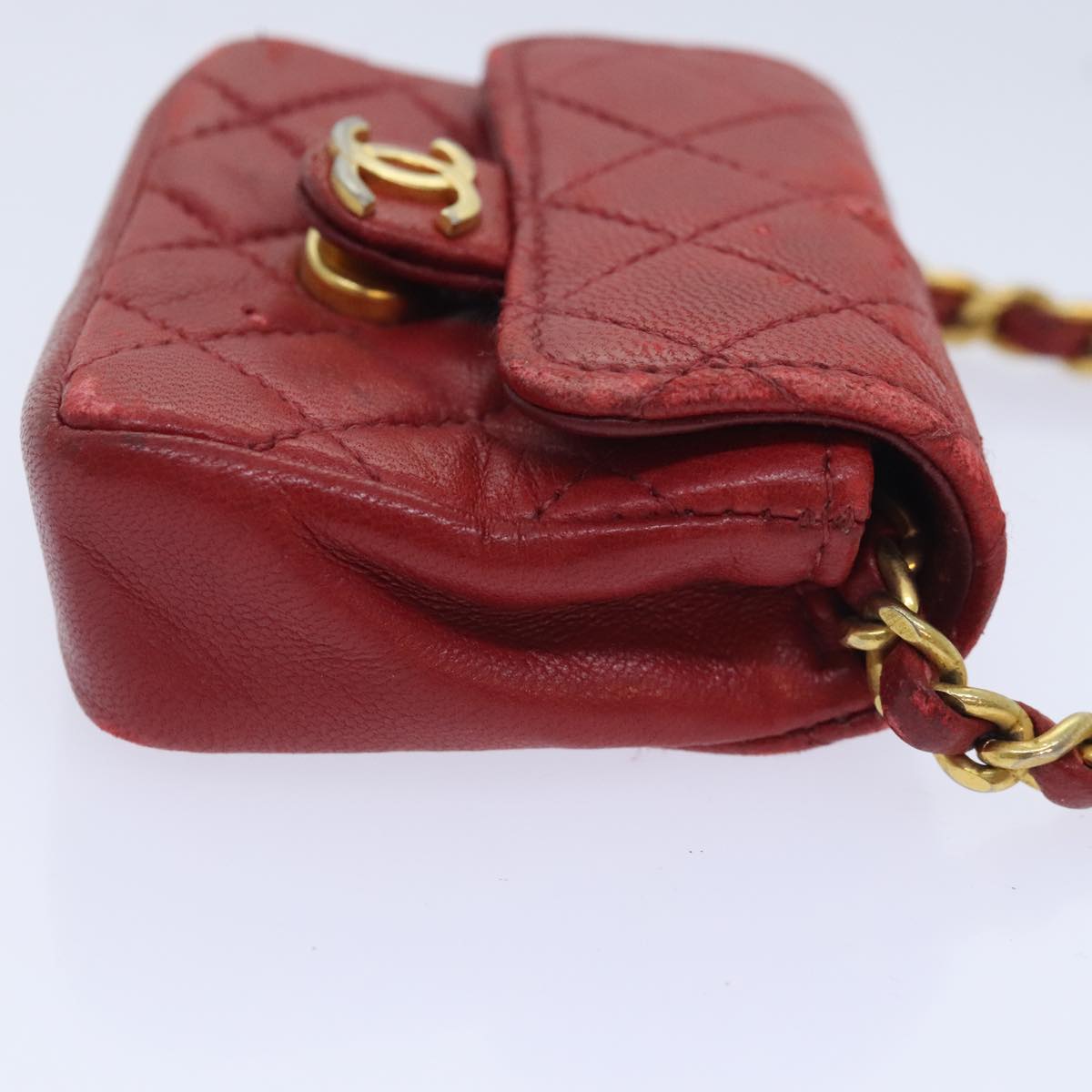 CHANEL Mini Matelasse Chain Pouch Lamb Skin Red Gold CC Auth bs18102