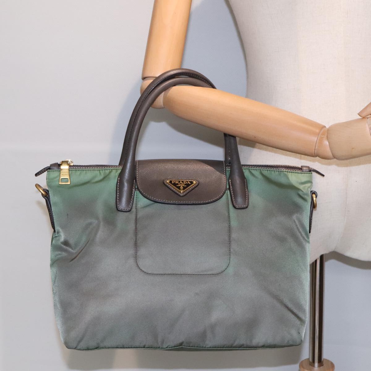 PRADA Hand Bag Nylon Khaki Auth bs18121