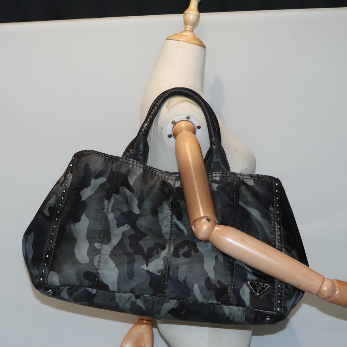 PRADA camouflage Hand Bag Nylon Khaki Auth bs18122