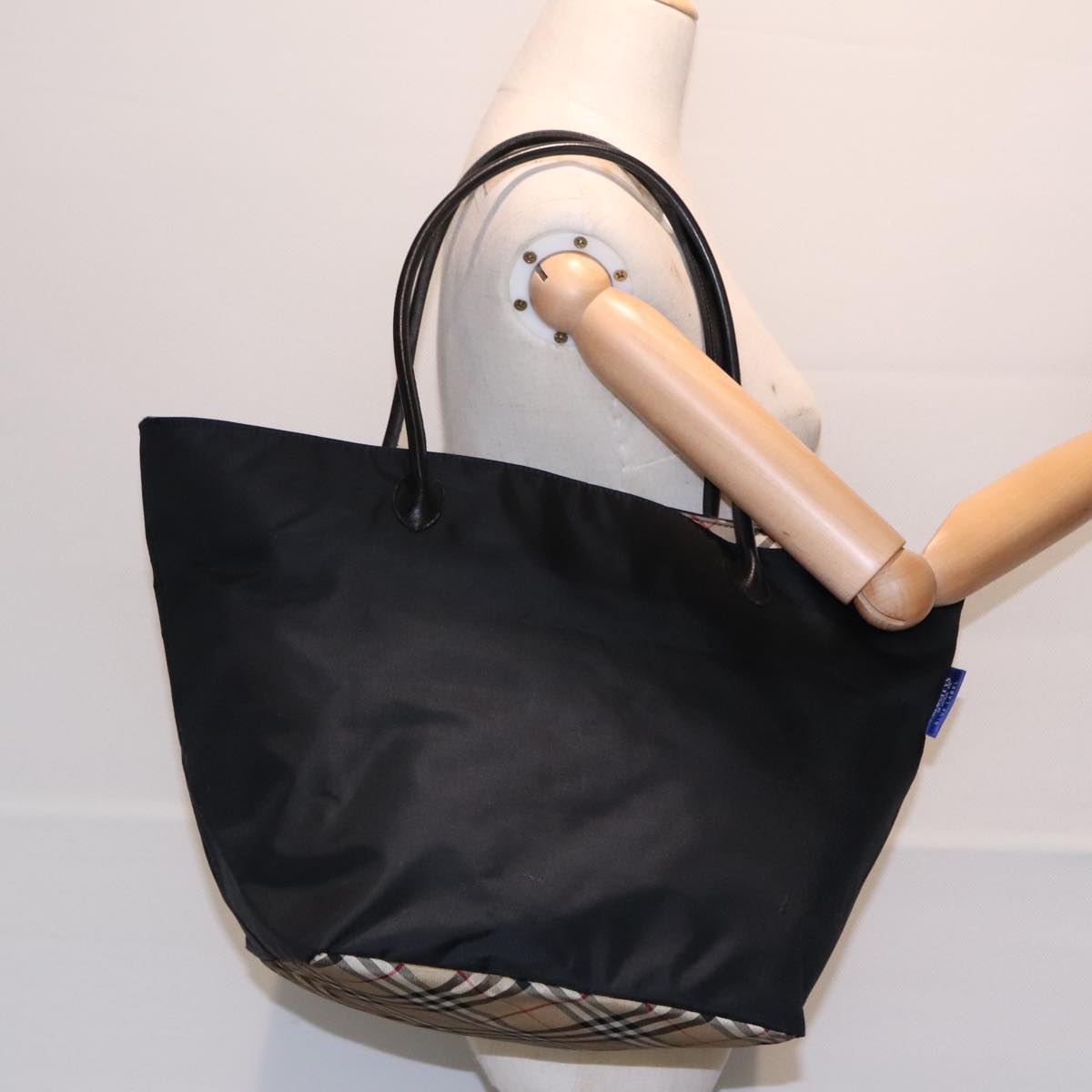 Burberrys Nova Check Blue Label Tote Bag Nylon Beige Black Auth bs18156