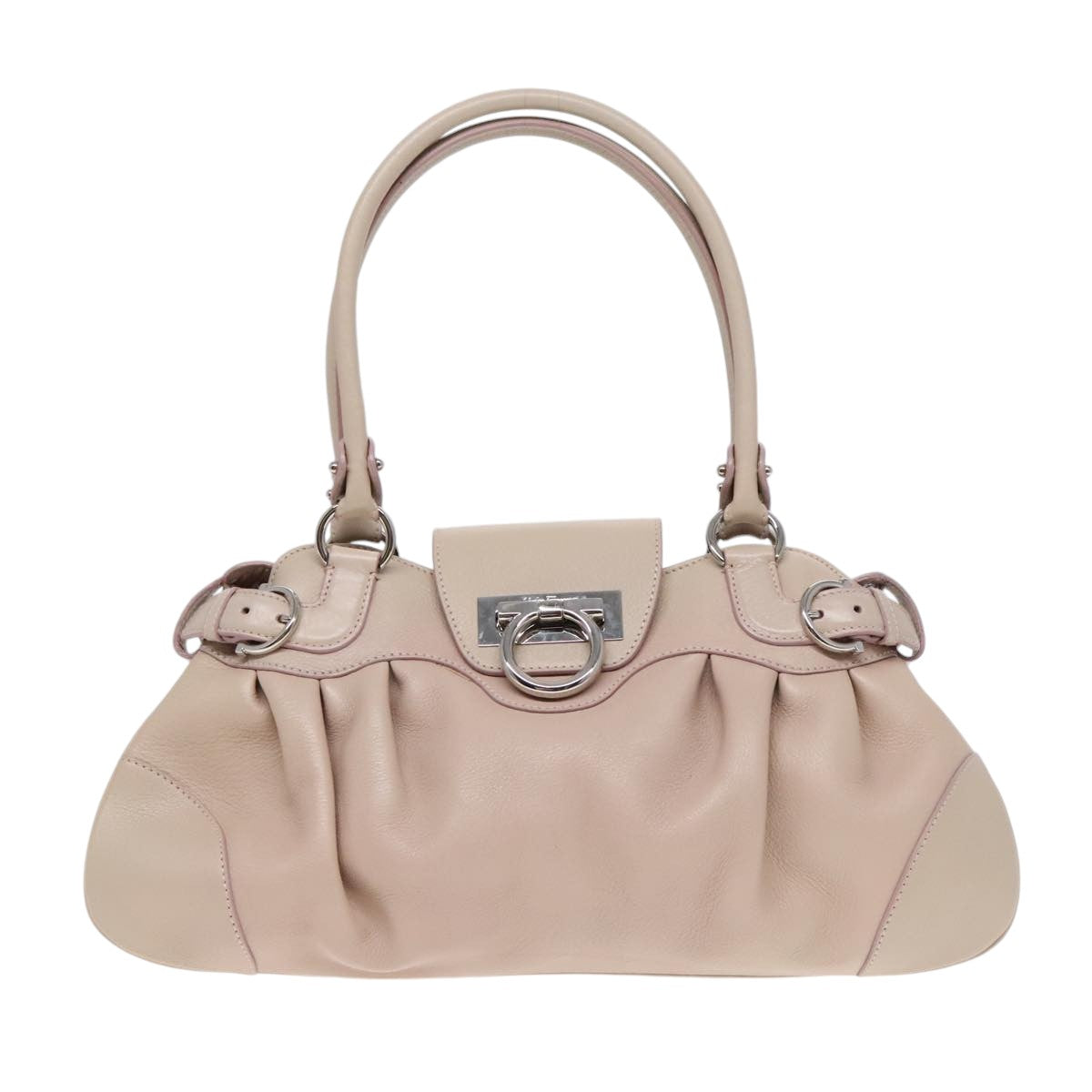 Salvatore Ferragamo Gancini Hand Bag Leather Beige Auth bs18177