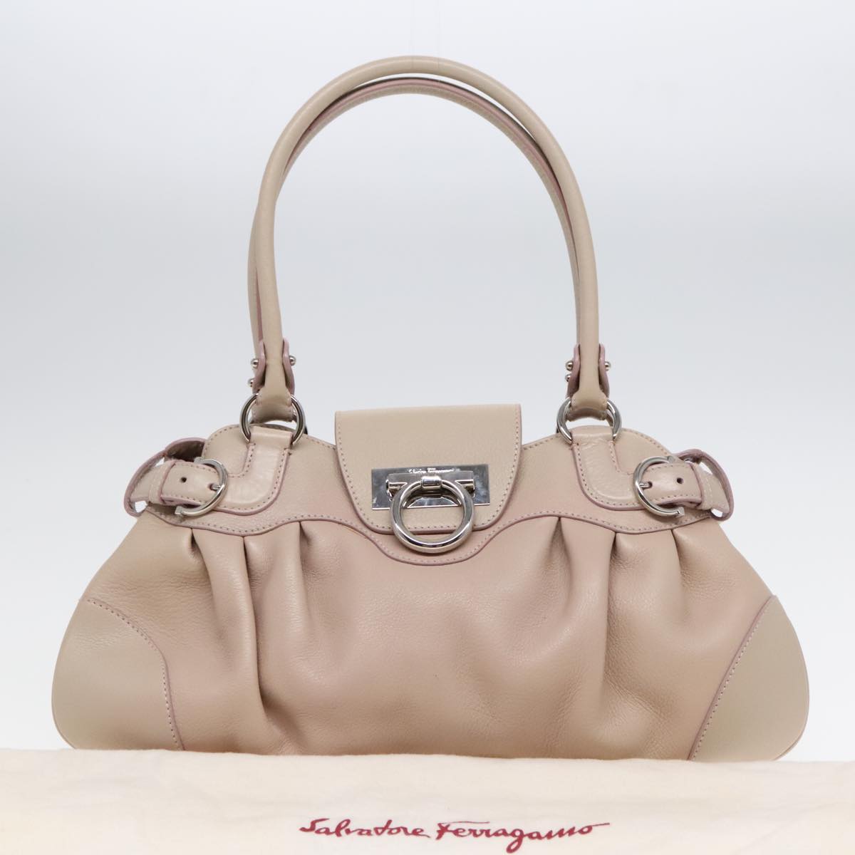 Salvatore Ferragamo Gancini Hand Bag Leather Beige Auth bs18177