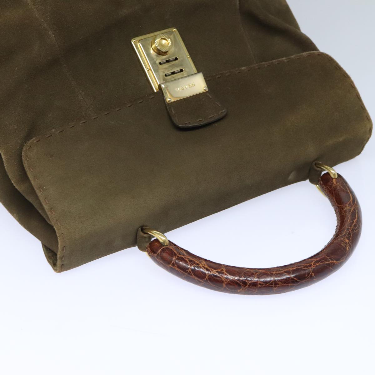 PRADA Hand Bag Suede Khaki Auth bs18211