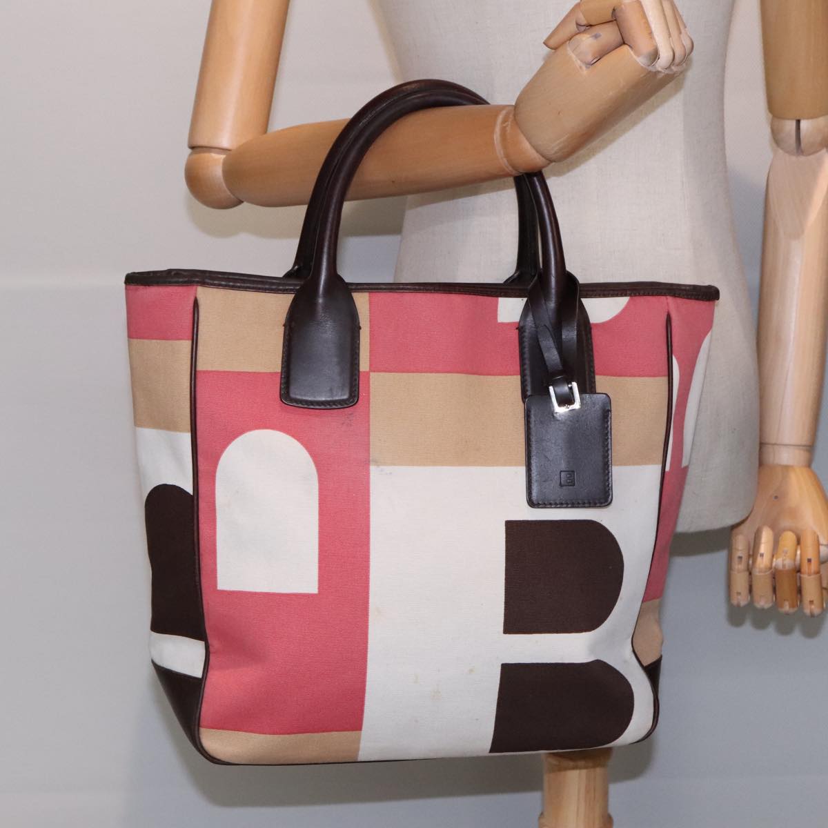 BALLY Tote Bag Canvas Leather Pink Brown Silver Auth bs18249