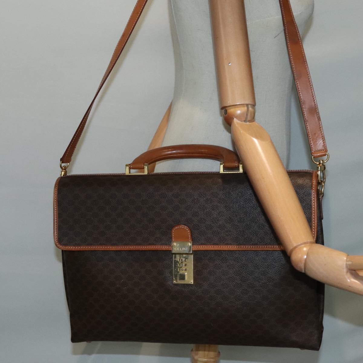 CELINE Macadam Canvas Hand Bag PVC Leather 2way Brown Gold Auth bs18259