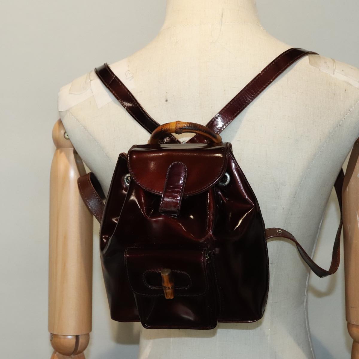 GUCCI Bamboo Backpack Canvas patent leather Brown Auth bs18277