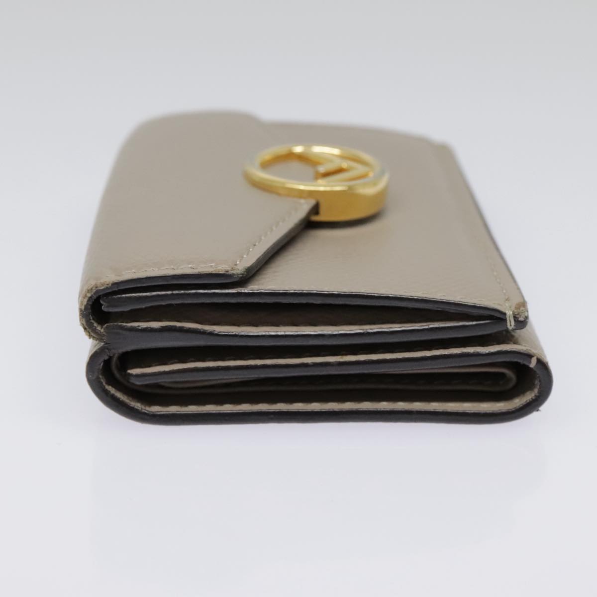 FENDI Compact Wallet Leather Beige Gold Auth bs18278