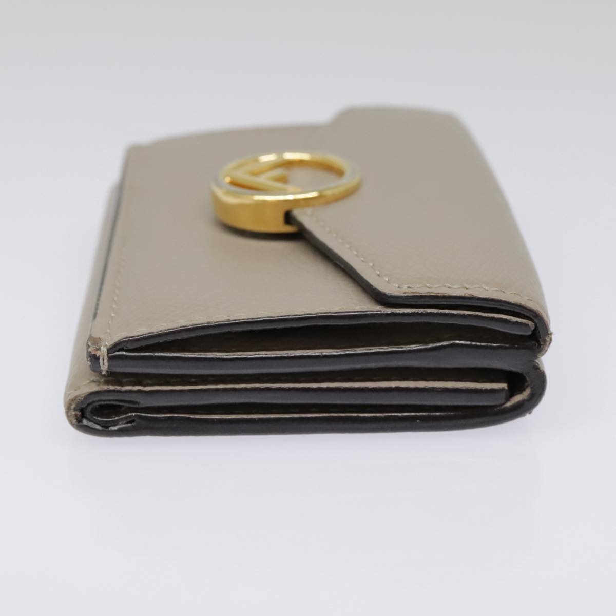 FENDI Compact Wallet Leather Beige Gold Auth bs18278