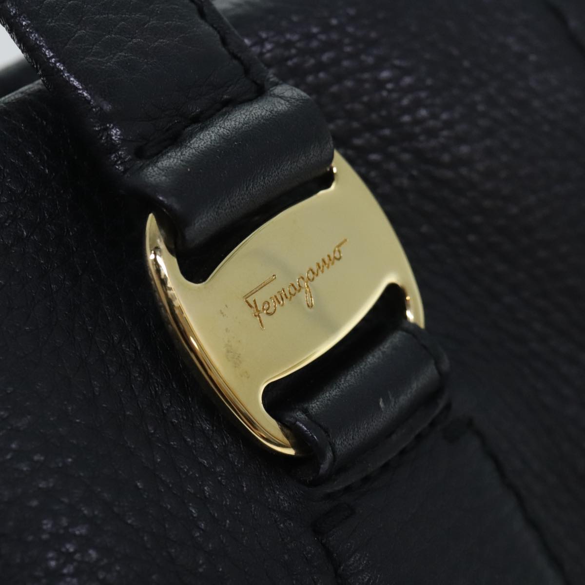 Salvatore Ferragamo Vala Hand Bag Leather Black Gold Auth bs18289