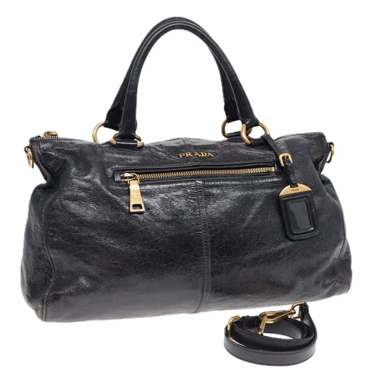 PRADA Hand Bag Leather 2way Black Auth bs18291