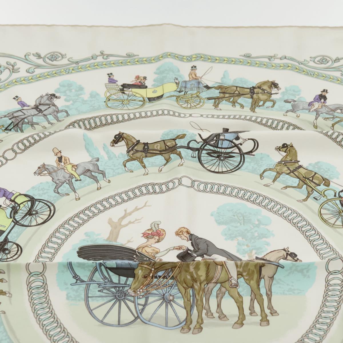 HERMES Carre 90 Scarf ""LA PROMENADE DE LONGCHAMPS"" Silk White Auth bs18296