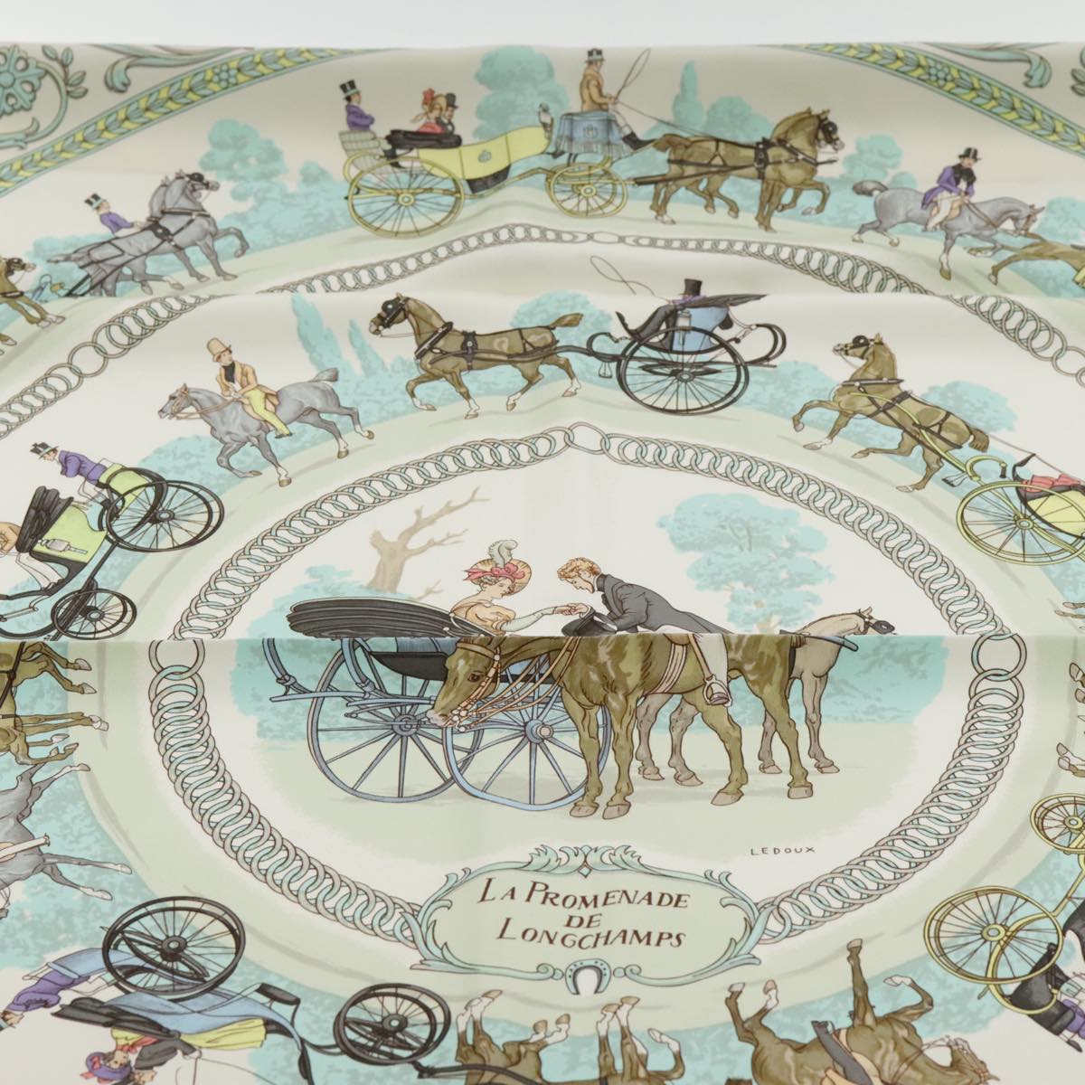 HERMES Carre 90 Scarf ""LA PROMENADE DE LONGCHAMPS"" Silk White Auth bs18296