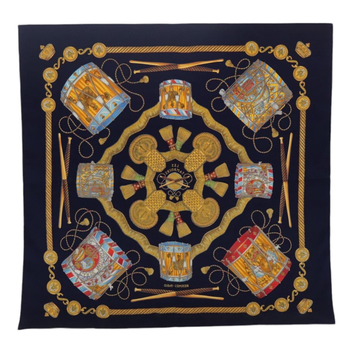 HERMES Carre 90 Scarf ""LES TAMBOURS"" Silk Navy Yellow Auth bs18297