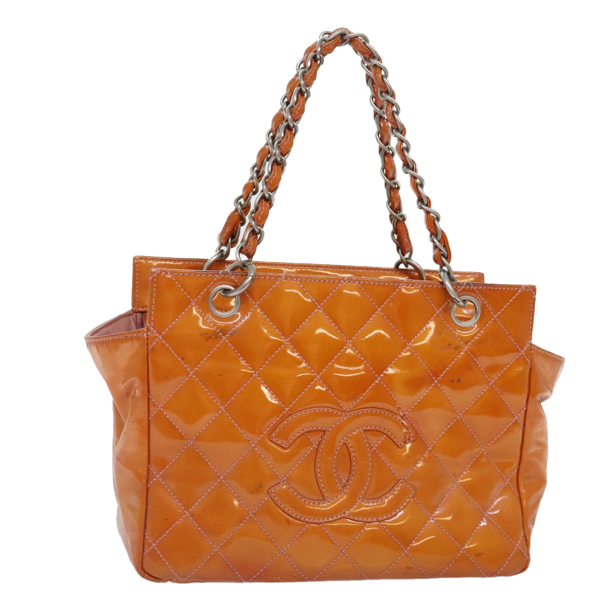 CHANEL Matelasse Chain Hand Bag Enamel Orange Silver CC Auth bs18345