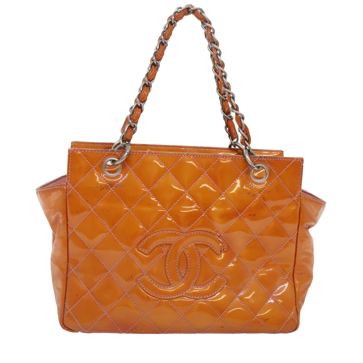 CHANEL Matelasse Chain Hand Bag Enamel Orange Silver CC Auth bs18345