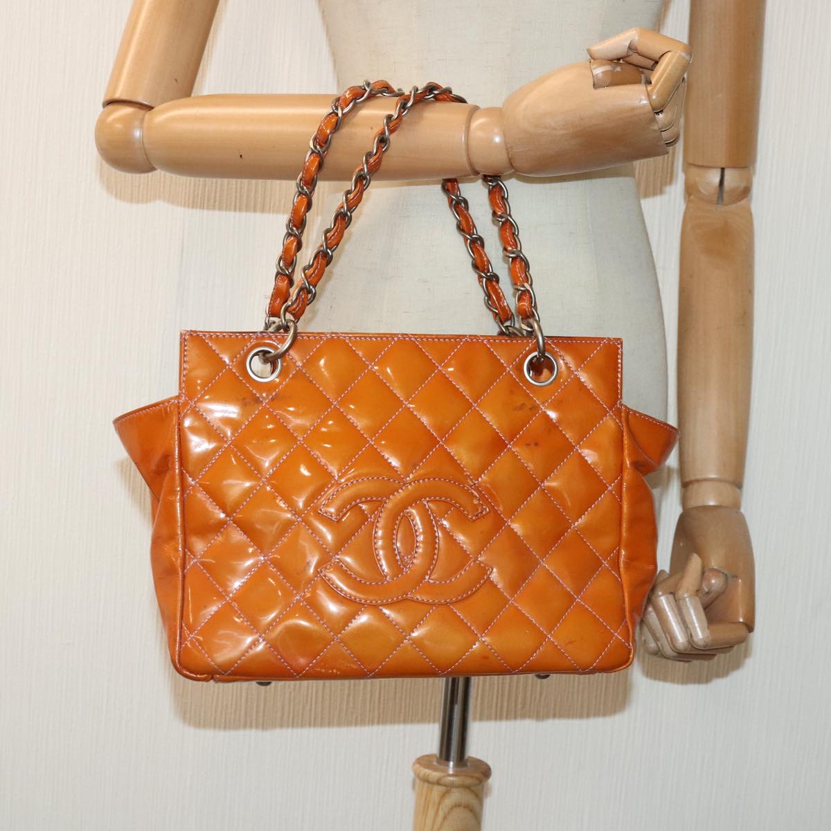 CHANEL Matelasse Chain Hand Bag Enamel Orange Silver CC Auth bs18345