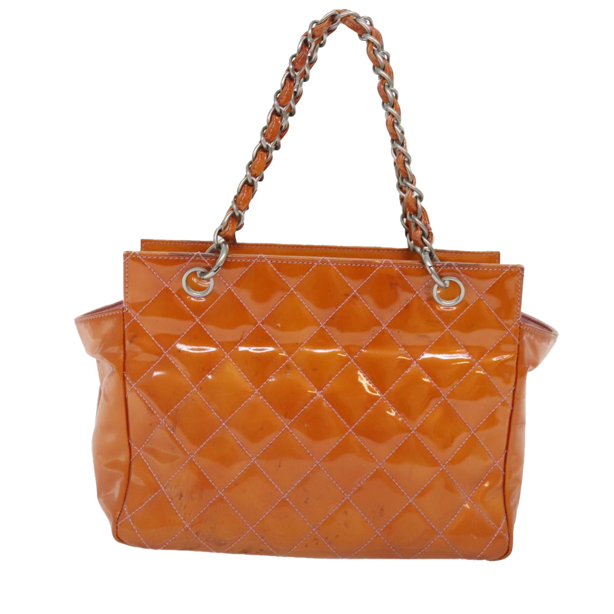 CHANEL Matelasse Chain Hand Bag Enamel Orange Silver CC Auth bs18345