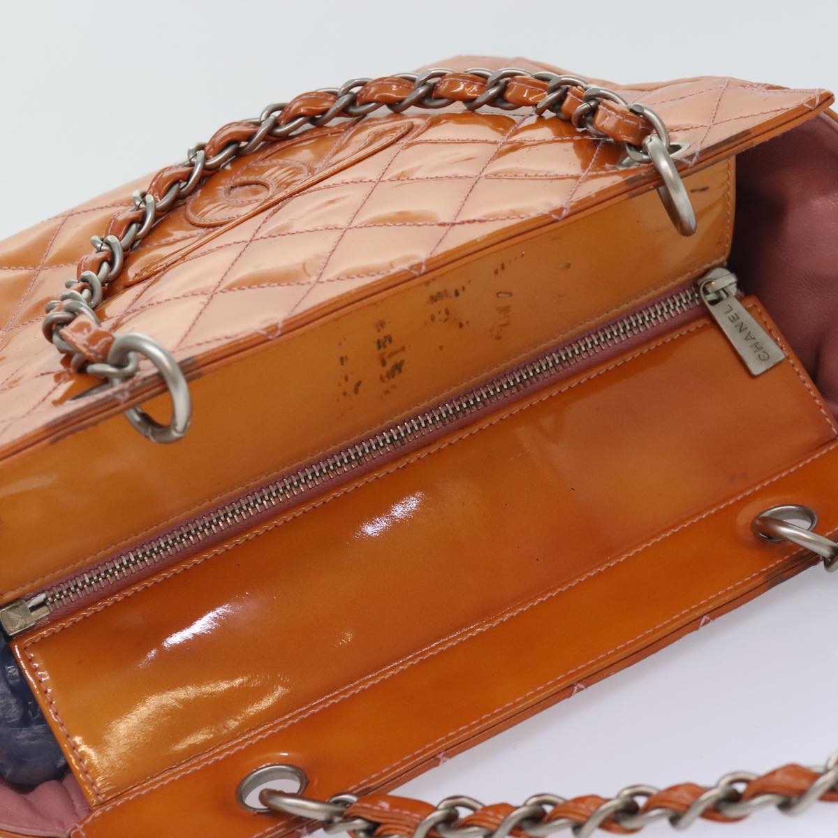 CHANEL Matelasse Chain Hand Bag Enamel Orange Silver CC Auth bs18345